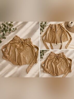 Women’s Faux Leather High-Waist Paperbag Shorts in Tan